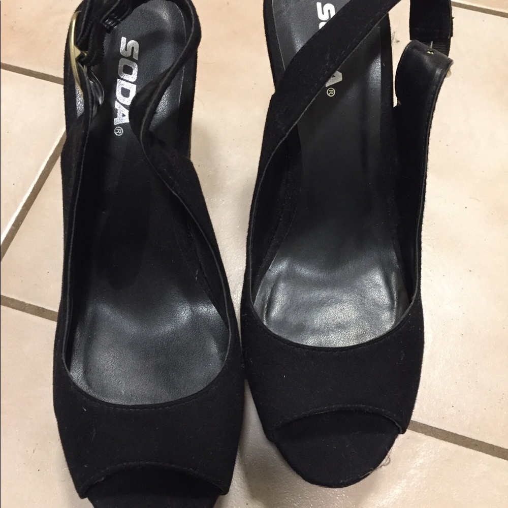 Black suede peep toe wedge